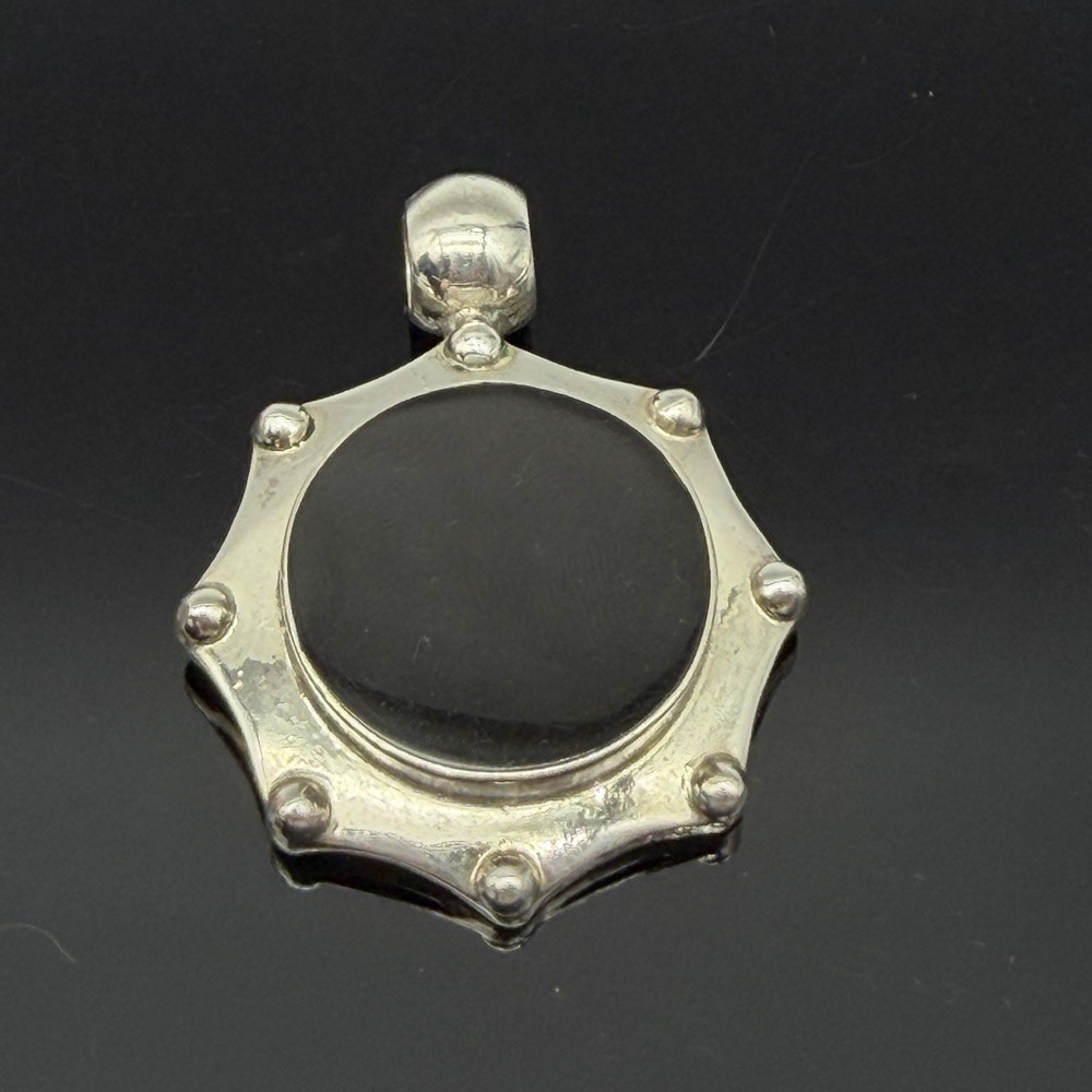 Vintage Taxco Mexico 925 Sterling Silver Circle Black Onyx Octagon Pendant 22g